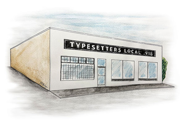 Illustration of the Cranky Press letterpress and print shop in Salem Ohio by local artist Kirk Poffenberger.